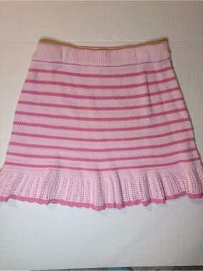 Pink Striped Knit Mini Skirt with Ruffle Hem